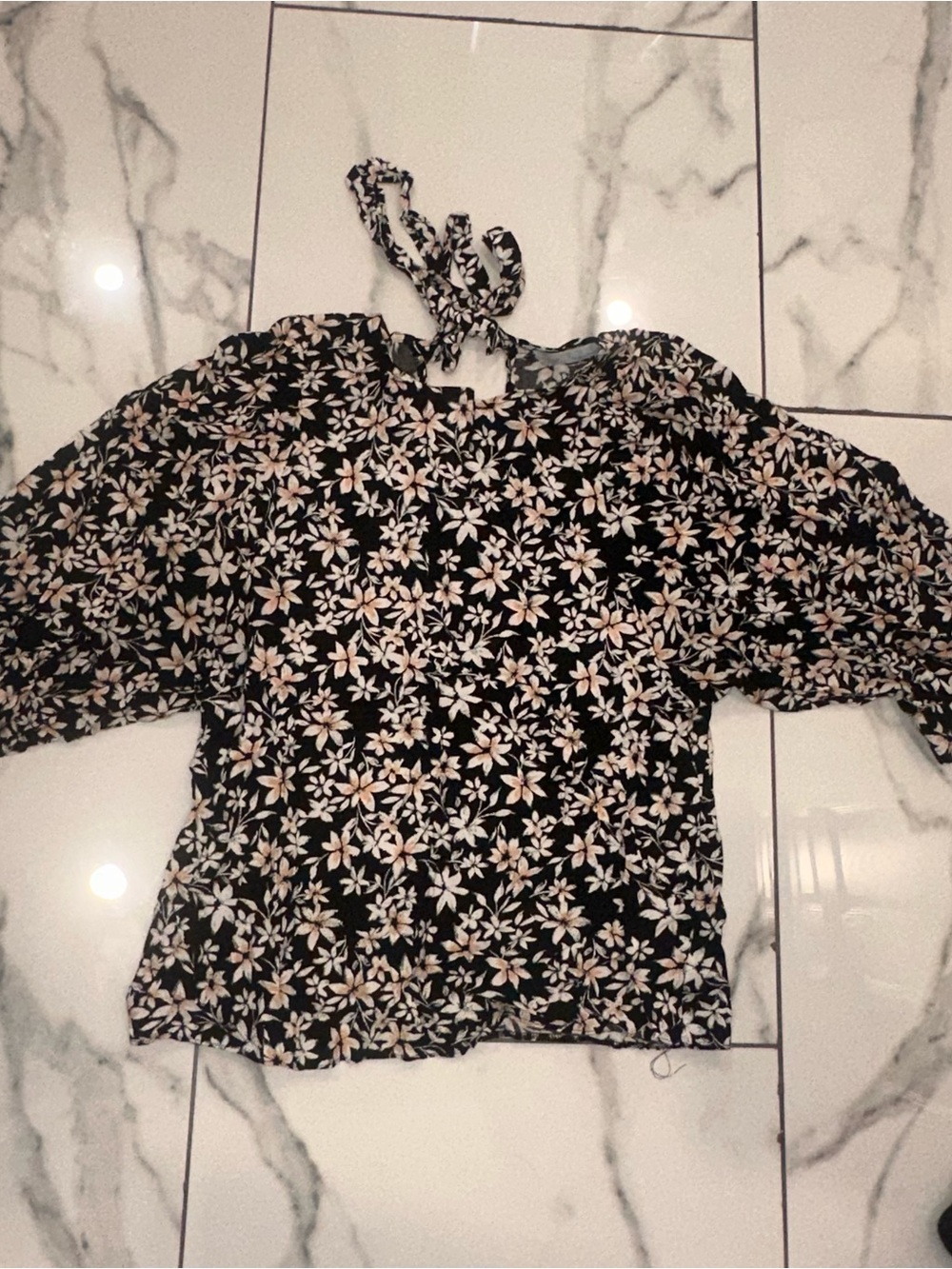Primark Black Floral Tie-Neck Blouse